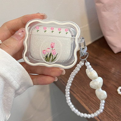 Husă coreeană pentru căști cu flori de epocă roz pentru Apple AirPods 2 3 Pro Husă moale pentru căști, ornamente pentru brățară cu perle pentru AirPod 2