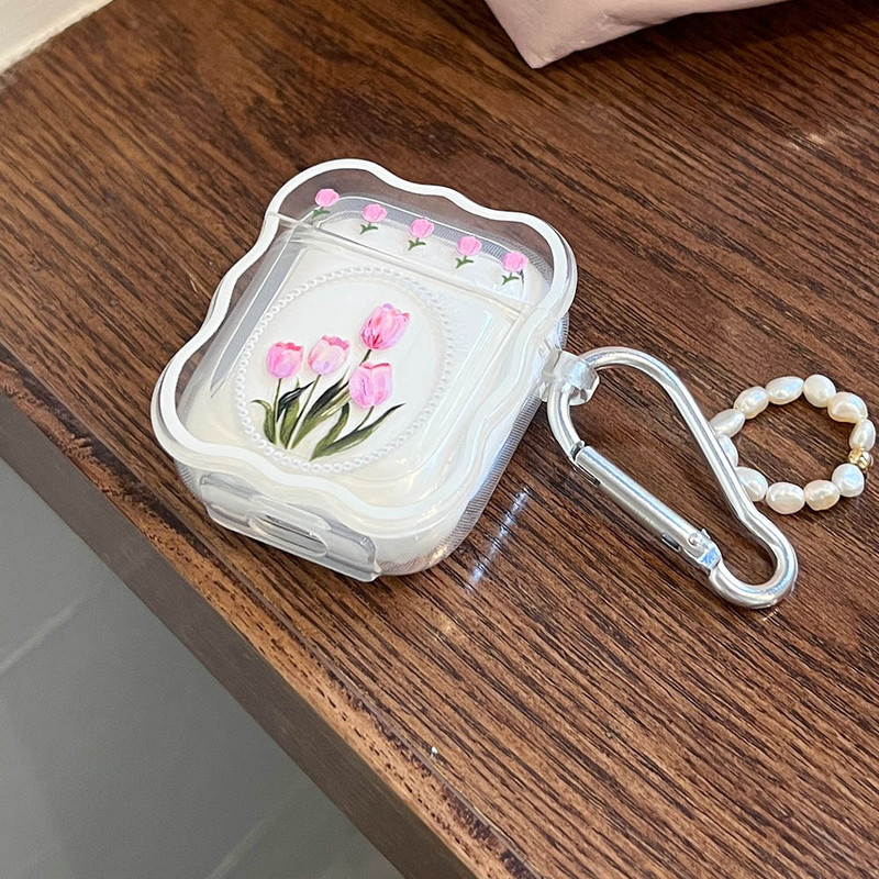 Husă coreeană pentru căști cu flori de epocă roz pentru Apple AirPods 2 3 Pro Husă moale pentru căști, ornamente pentru brățară cu perle pentru AirPod 2