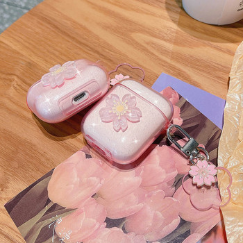 Моден 3D Cherry Blossom Glitter Прозрачен калъф за слушалки Сладки цветя Висулка Ключодържател за AirPods Pro 3 2 1 Капак за слушалки