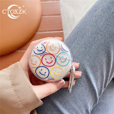 Aranyos Smiley Face átlátszó fülhallgató tok Huawei Freebuds 4 3 átlátszó rajzfilmhez, puha szilikon vezeték nélküli fejhallgató fedél kampóval