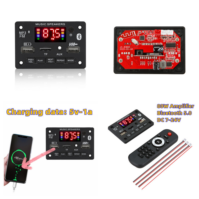 DC 8v-24V 80W Amplificator Bluetooth 5.0 MP3 Player Placă de decodor WAV Auto Modul radio FM Suport TF USB AUX Mâini libere Înregistrare apel