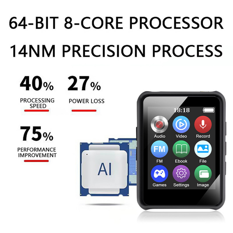 1,77-inčni LED višenamjenski MP3 glazbeni player Bluetooth HIFI Walkman MP4 Budilica za snimanje FM radio Reprodukcija videa