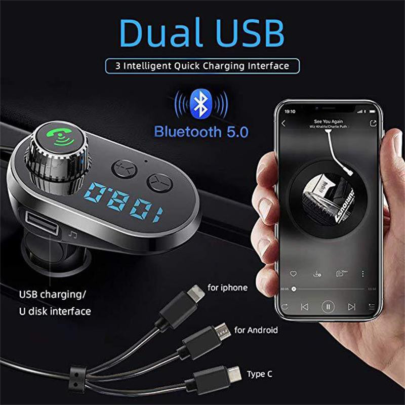 Bluetooth 5.0 autós készlet FM adó USB audio MP3 lejátszó 5V/3.1A támogatás USB lemez/Micro SD kártya 1 IN 3 kábeltípussal