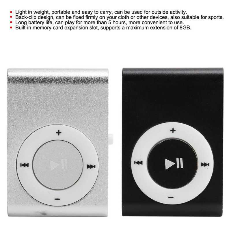 Hátsó klip MP3 zenelejátszó Hordozható médialejátszó mini lejátszó fülhallgatóval és USB kábellel a pihenéshez