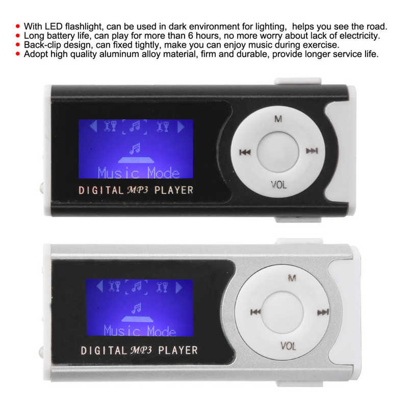 Mini player MP3 Back-Clip Player portabil de muzică sport cu lanternă Ecran LCD Player muzical media suport card de memorie