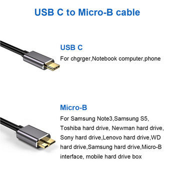 USB C към Micro B кабел USB 3.0 тип C 5Gbps конектор за данни адаптер за твърд диск смартфон компютър тип C зарядно устройство камера диск кабел