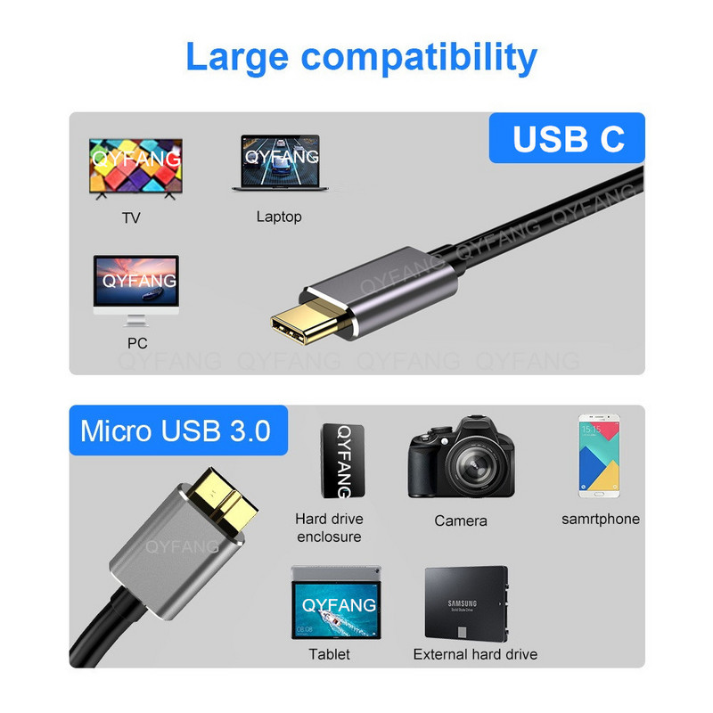 USB C į Micro B kabelis USB 3.0 C tipo 5Gbps duomenų jungties adapteris, skirtas kietajam diskui išmaniajam telefonui, kompiuterio C tipo įkroviklis, fotoaparato disko laidas