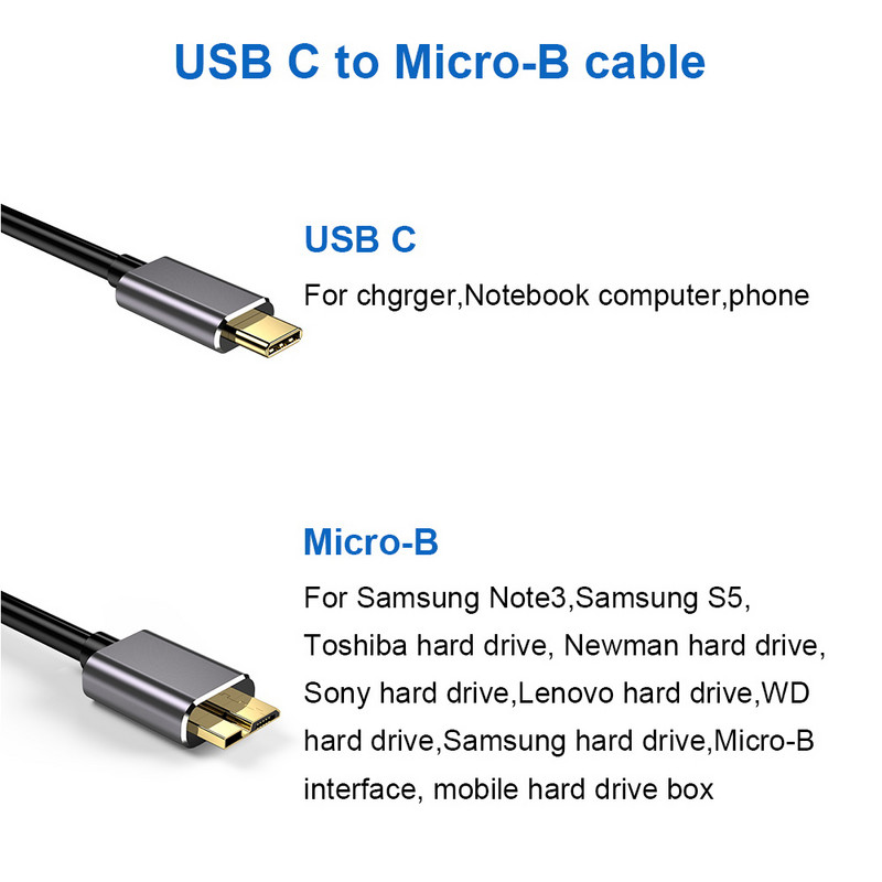 USB C į Micro B kabelis USB 3.0 C tipo 5Gbps duomenų jungties adapteris, skirtas kietajam diskui išmaniajam telefonui, kompiuterio C tipo įkroviklis, fotoaparato disko laidas