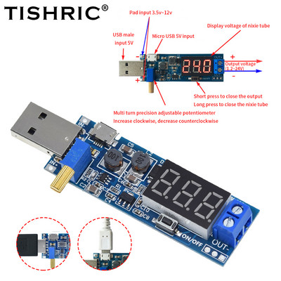 TISHRIC USB Boost modul DC-DC 5V - 3.3V/24V USB Boost tápegység modul USB DC konverter 12V Állítható Out DC 1.2V-24V