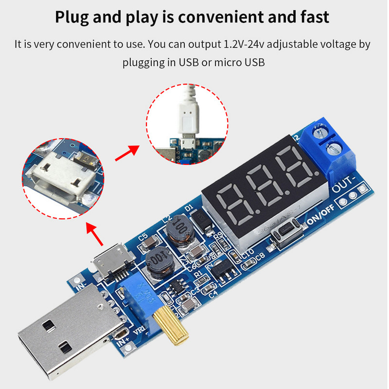 TISHRIC USB Boost modul DC-DC 5V - 3.3V/24V USB Boost tápegység modul USB DC konverter 12V Állítható Out DC 1.2V-24V