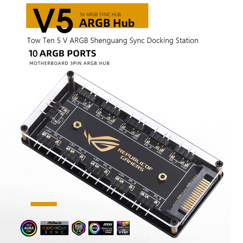 5V 3 kontaktu ARGB RGBW kabelis ASUS AURA SYNC RGB 10 centrmezgla sadalītājs SATA barošanas pagarinātāja kabeļa adapteris LED sloksnes gaismas datora RGB ventilatora dzesētājs