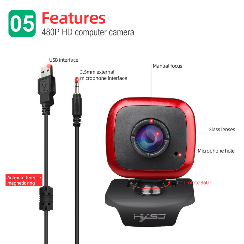 HXSJ A849 480P Cameră pentru computer Cameră web USB Cameră web cu focalizare manuală cu microfon cu absorbție a sunetului pentru laptop-uri