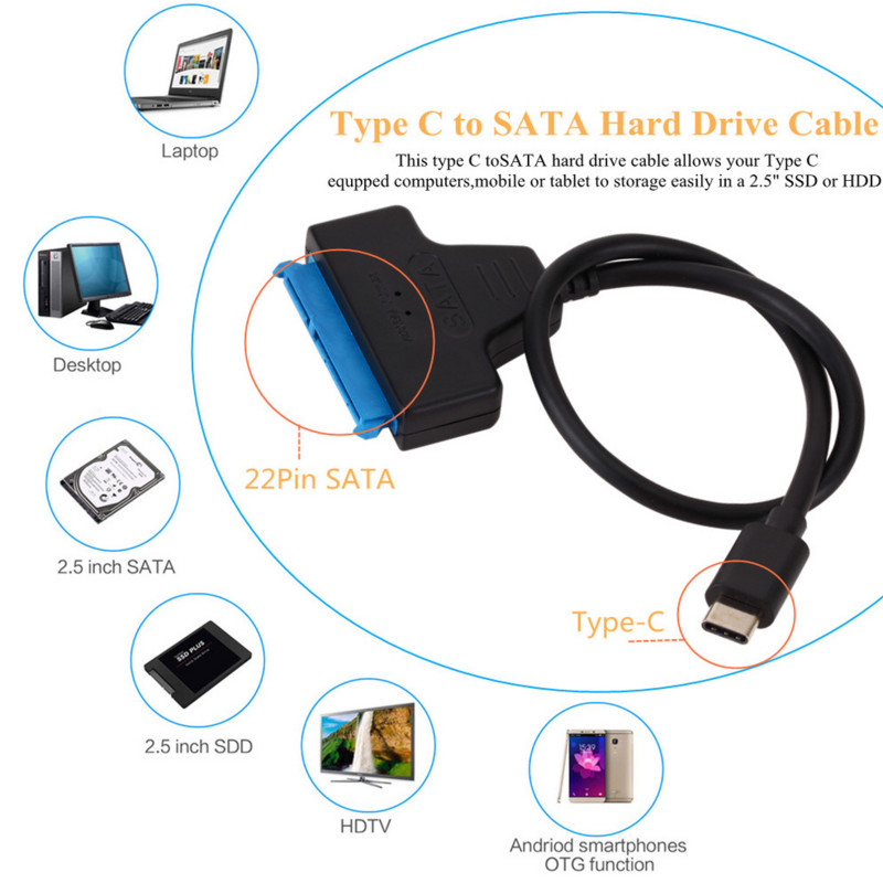 Cablu LccKaa Sata 3 la tip C Adaptor USB 3.1 USB C la SATA Pana la 6 Gbps Suporta hard disk SSD HDD de 2,5 inchi Cablu SATA cu 22 pini