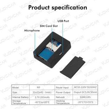 Κάρτα SIM N9 GSM Συσκευή παρακολούθησης ήχου απομακρυσμένης ακρόασης Micro LBS Tracker αμφίδρομη παρακολούθηση φωνής