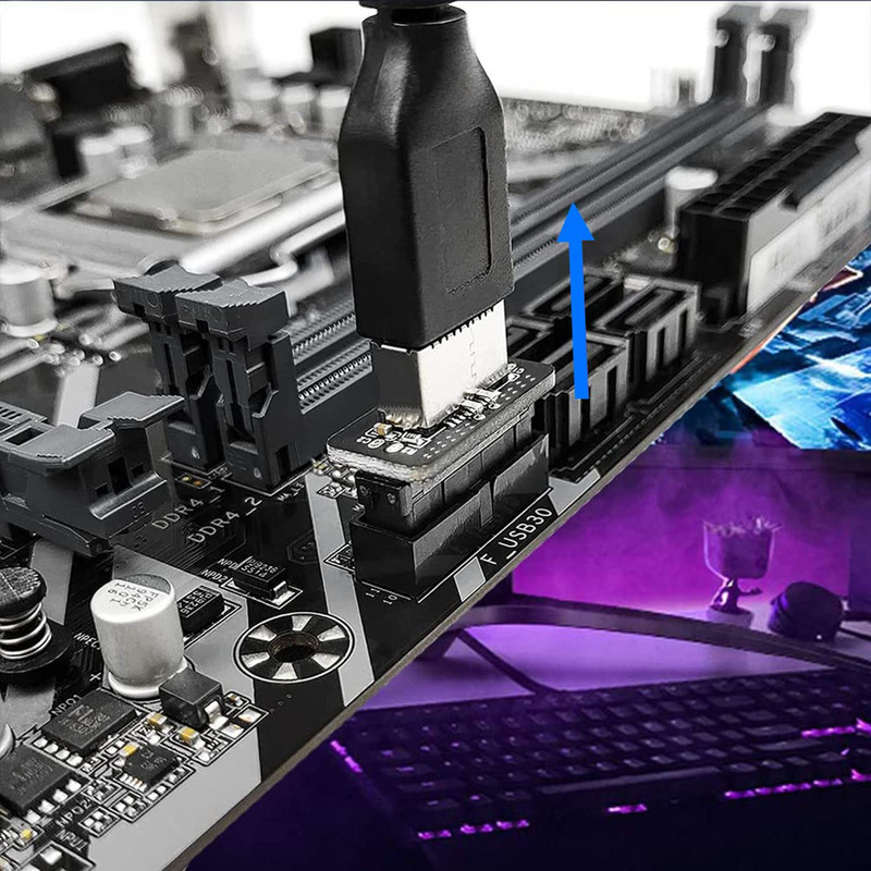 USB E tipa priekšējā paneļa adapteris, kas savienots ar USB 3.0 19 PIN, iekšējais vertikālais galvenes sadalītājs C tipa mātesplatei