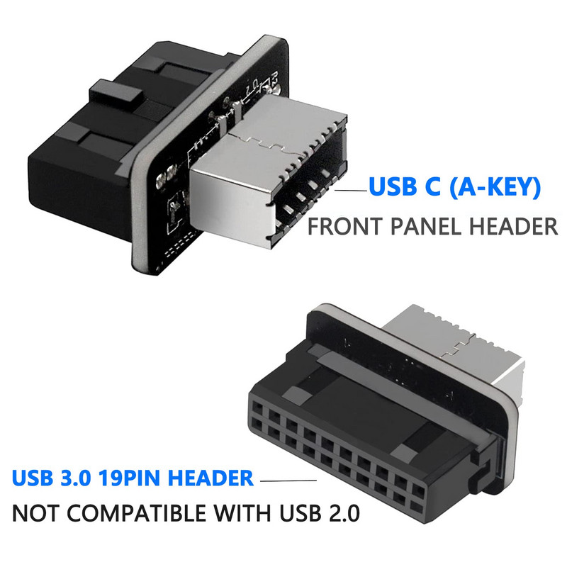 USB E tipa priekšējā paneļa adapteris, kas savienots ar USB 3.0 19 PIN, iekšējais vertikālais galvenes sadalītājs C tipa mātesplatei
