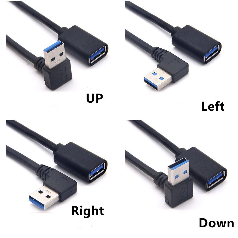 USB 3.0 90 fokos szögű, 90 fokos hosszabbítókábelhez, dugasz-aljzat adapterkábel átvitelhez jobbra/balra/fel/le kábelekkel