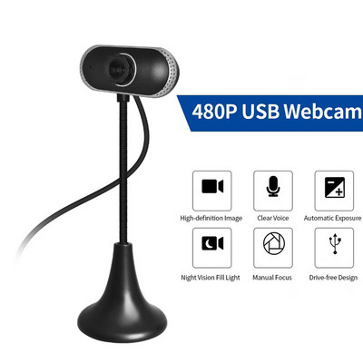 Уеб камера 480P USB Уеб камера с вграден микрофон за компютър Въртящи се камери за излъчване на живо Обаждане Видеоконференция Работа