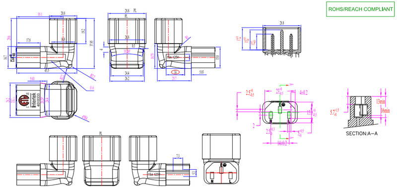 10A 3kontaktiga IEC pistik alla UP 90 nurga all IEC 320 C14 isasest C13 emast toiteadapteri vahelduvvoolu pistik LCD LED seinale kinnitatava teleri jaoks