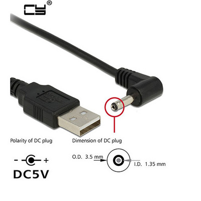 Egyenáramú tápcsatlakozó USB konvertálás 3,5*1,35 mm/DC 3,5*1,35 mm-es fekete L alakú derékszögű jack csatlakozóval 2A kábel 1 m 3 láb