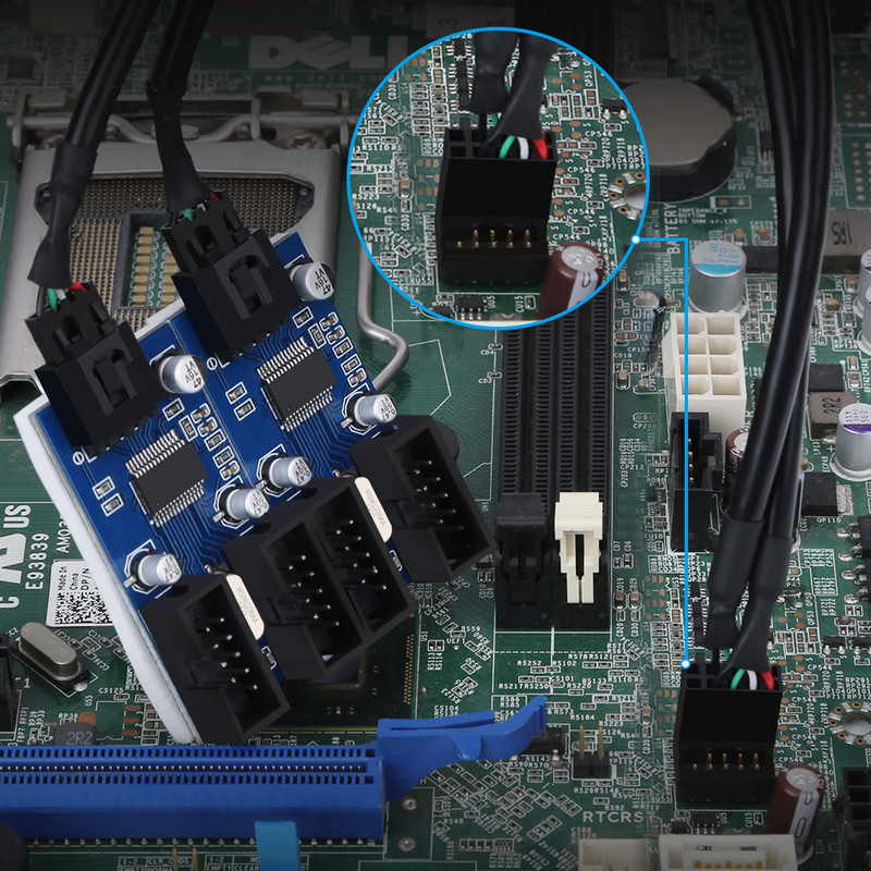 Дънна платка Zexmte 9-пинов USB конектор Мъжки 1 до 2/4 женски удължителен кабел Карта Настолен 9-пинов USB ХЪБ USB 9-пинов конектор Адаптер