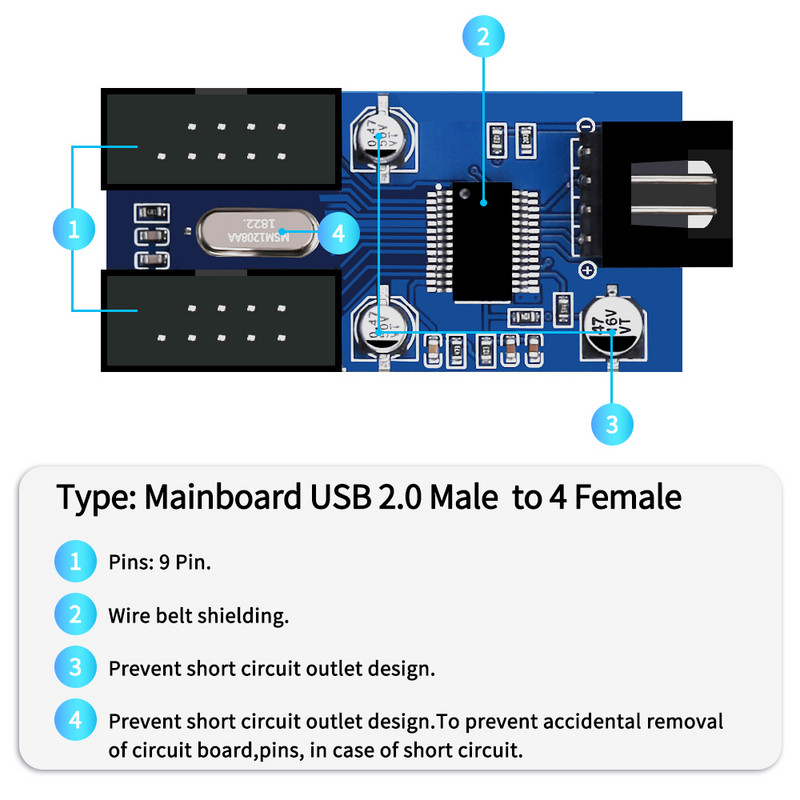 Дънна платка Zexmte 9-пинов USB конектор Мъжки 1 до 2/4 женски удължителен кабел Карта Настолен 9-пинов USB ХЪБ USB 9-пинов конектор Адаптер