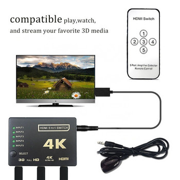 3D 4K HDMI-συμβατός διαχωριστής με τηλεχειριστήριο 5x1 MINI HDMI Splitter 5 Port Hub Box Auto Switch 5 In1 Out HD-MI Switcher
