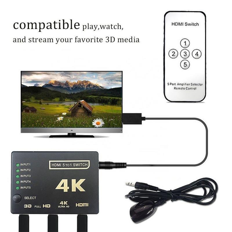 3D 4K HDMI-kompatibilni razdjelnik s daljinskim upravljačem 5x1 MINI HDMI razdjelnik 5 porta Hub Box Auto Switcher 5 In1 Out HD-MI Switcher
