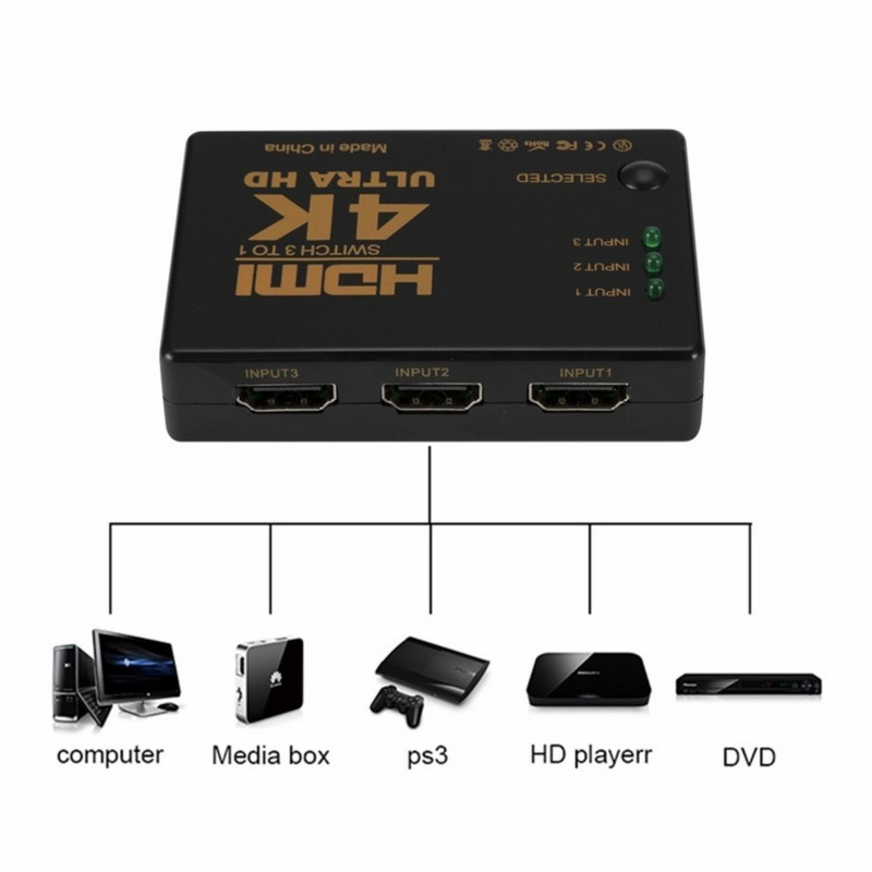PzzPss HDMI jungiklis 4K jungiklis 3 in 1 išvestis Full HD 1080P vaizdo kabelio skirstytuvas 1x3 šakotuvo adapterio keitiklis, skirtas PS4/3 TV dėžutės HDTV kompiuteriui
