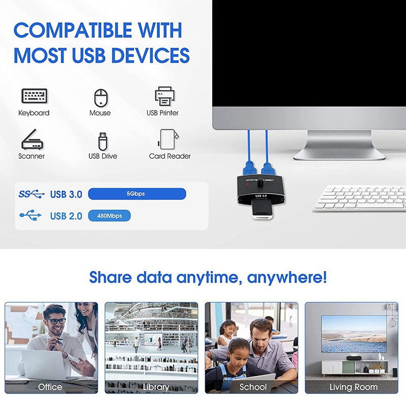 USB 3.0 slēdža atlasītājs KVM slēdzis 5 Gbps 2 vienā izvadā USB slēdzis USB 3.0 divvirzienu koplietotājs printera tastatūras peles koplietošanai