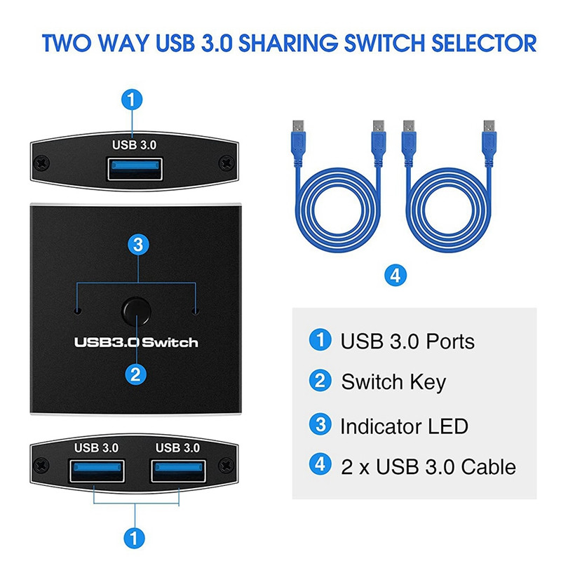 USB 3.0 slēdža atlasītājs KVM slēdzis 5 Gbps 2 vienā izvadā USB slēdzis USB 3.0 divvirzienu koplietotājs printera tastatūras peles koplietošanai