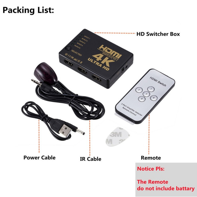 LccKaa su HDMI suderinamas jungiklis 4K HD1080P 5 prievadų HD jungiklio selektorių skirstytuvas su šakotuvo IR nuotolinio valdymo pulteliu, skirtas HDTV DVD televizoriaus dėžutei