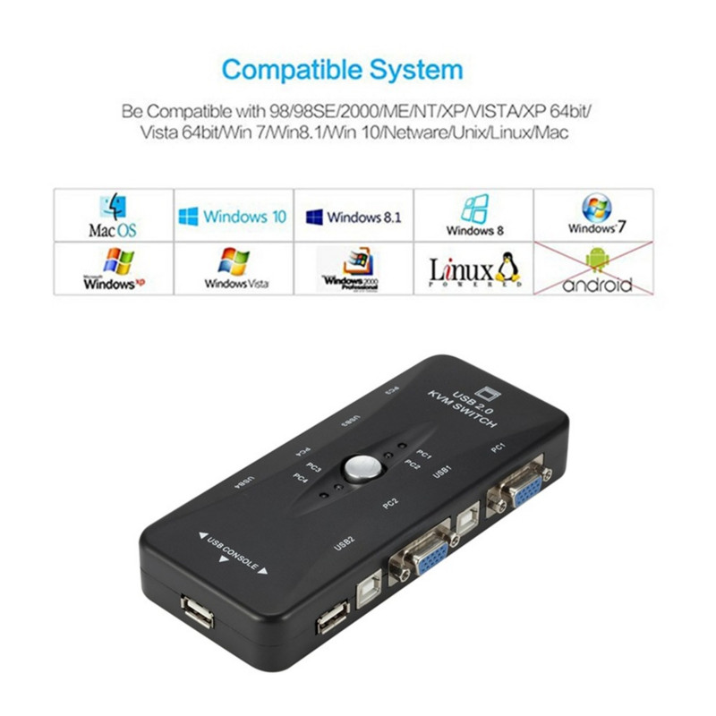 LccKaa USB KVM jungiklis 4 prievadų VGA SVGA perjungimo dėžutė USB 2.0 KVM pelės perjungimo klaviatūra 1920*1440 Vga skirstytuvo dėžutės bendrinimo jungiklis
