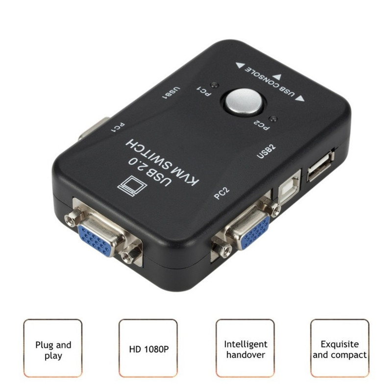Grwibeou USB KVM jungiklis 2 prievadų VGA SVGA perjungimo dėžutė USB 2.0 KVM pelės perjungimo klaviatūra 1920*1440 VGA skirstytuvo dėžutės bendrinimo jungiklis