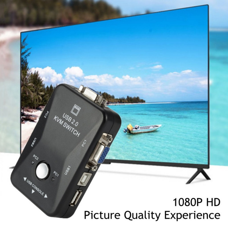 Grwibeou USB KVM jungiklis 2 prievadų VGA SVGA perjungimo dėžutė USB 2.0 KVM pelės perjungimo klaviatūra 1920*1440 VGA skirstytuvo dėžutės bendrinimo jungiklis