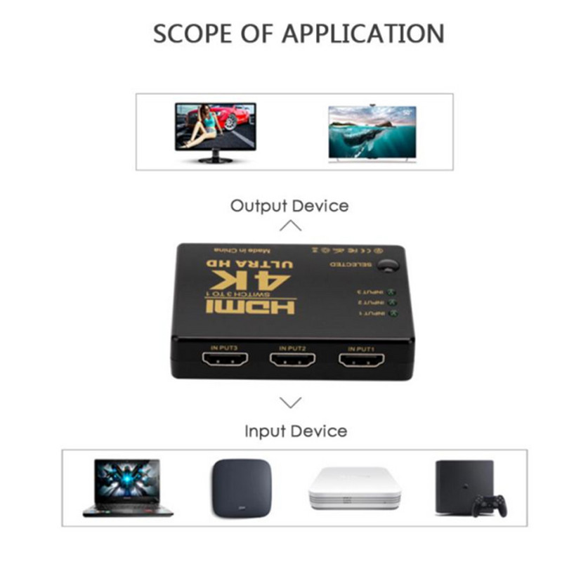LccKaa 4K 3x1 su HDMI suderinamas jungiklis HD 1080P vaizdo perjungiklio adapteris 3 įvestis 1 išvesties prievado šakotuvas, skirtas DVD HDTV Xbox PS3 PS4 nešiojamam kompiuteriui