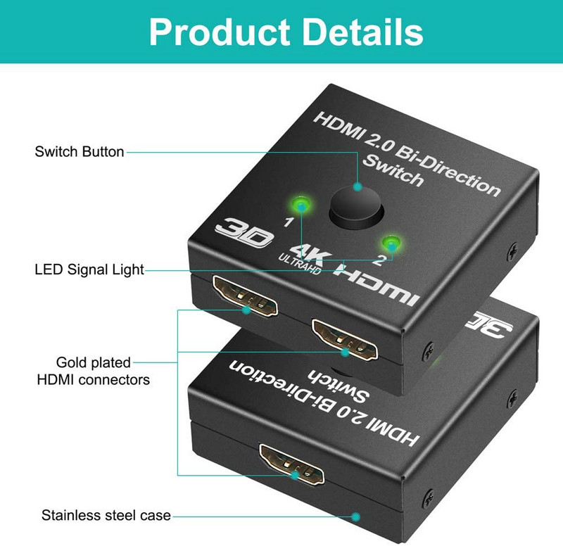Su HDMI suderinamas skirstytuvas 4K jungiklis KVM dvikryptis 1x2/2x1 su HDMI suderinamas jungiklis 2 in 1 išvestis, skirtas PS4/3 TV dėžutės perjungiklio adapteriui