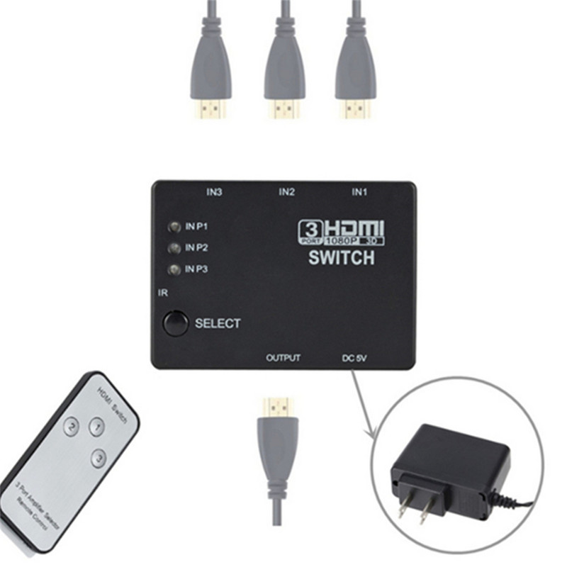 GRWIBEOU HDMI Switcher 3 In 1 Out 3 Ports Hub Box Auto Switcher 1080p HD 1.4 s daljinskim za HDTV XBOX360 DVD projektor