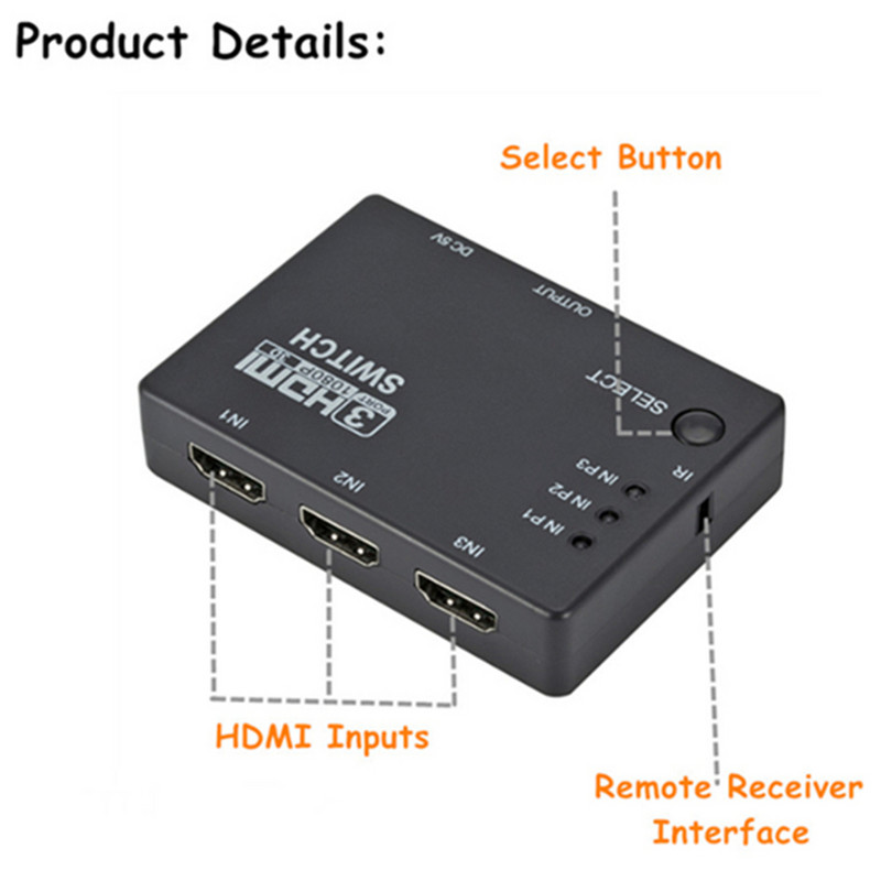 GRWIBEOU HDMI Switcher 3 In 1 Out 3 Ports Hub Box Auto Switcher 1080p HD 1.4 s daljinskim za HDTV XBOX360 DVD projektor