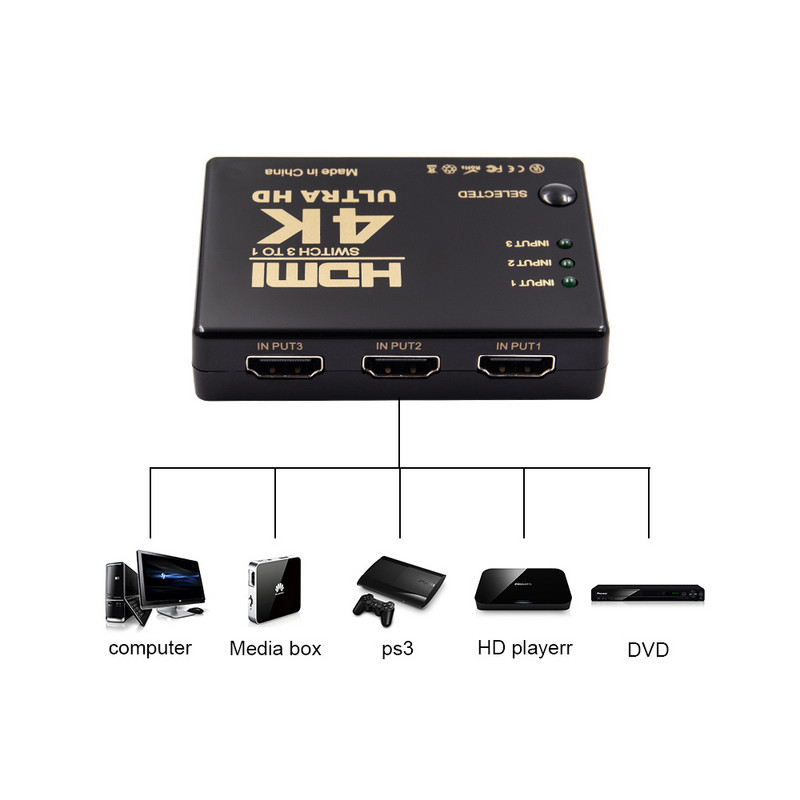 IXUR ar HDMI saderīgs slēdzis, 3 portu 4K*2K pārslēdzēja sadalītāja kārbas atlasītājs 3 x 1 Ultra HD video 1080P priekš DVD HDTV Xbox PS4