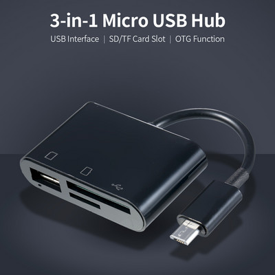 Kolm-ühes Micro USB to USB2.0+SD+TF Adapter Micro USB OTG to USB2.0 Adapter SD TF Micro SD kaardilugeja Micro USB seadmetele