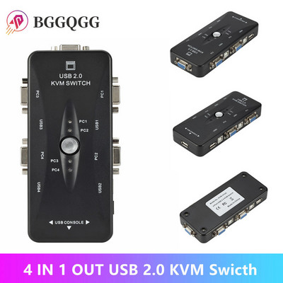 BGGQGG 4-портова USB2.0 KVM превключвателна кутия за мишка, клавиатура, принтер, споделяне на превключвател 200MHz 1920x1440 VGA адаптер за превключвателна кутия за монитор