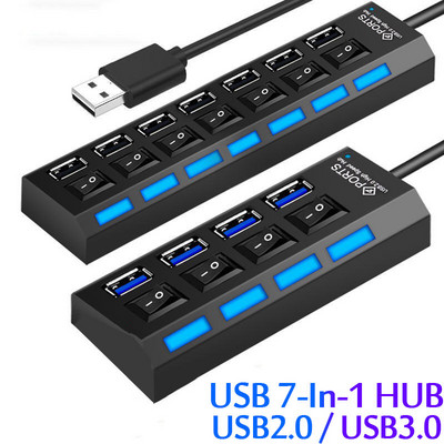 Hub USB 2.0 Hub USB 2.0 Hub Splitter Multi USB Utilizați adaptor de alimentare 4/7 porturi Expansor multiplu Hub USB 3.0 cu comutator Cablu de 30 cm