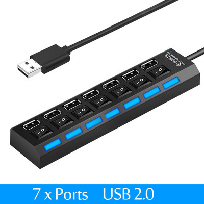 USB 2.0 šakotuvas USB šakotuvas 2.0 kelių USB skirstytuvo šakotuvas Naudokite maitinimo adapterį 4/7 prievadų kelių plėtinių USB 3.0 šakotuvas su jungikliu 30 cm kabeliu