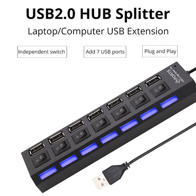Switch Extension Hub 7 prievadų USB2.0 šakotuvas Kompiuterio USB plėtinio šakotuvas One Drag Seven USB2.0 skirstytuvas kompiuterio nešiojamasis kompiuteris darbalaukis
