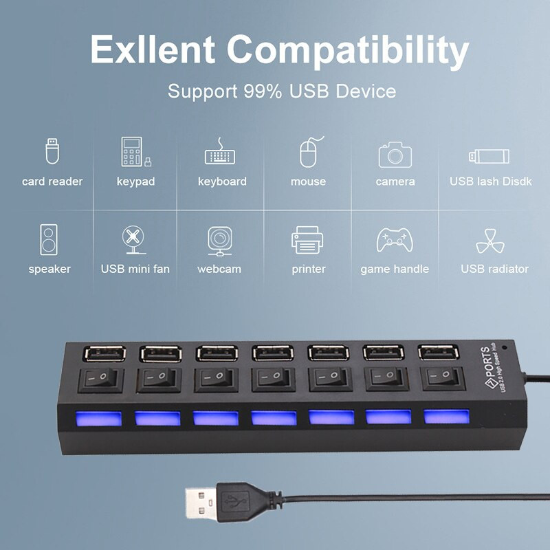 Switch Extension Hub 7 prievadų USB2.0 šakotuvas Kompiuterio USB plėtinio šakotuvas One Drag Seven USB2.0 skirstytuvas kompiuterio nešiojamasis kompiuteris darbalaukis