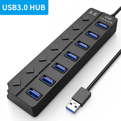 USB centrmezgls 3.0 USB 2.0 centrmezgls Vairāku USB sadalītāju centrmezgls Izmantojiet barošanas adapteri 4/7 portu vairāku paplašinātāju USB 3.0 centrmezgls ar slēdža 30 CM kabeli