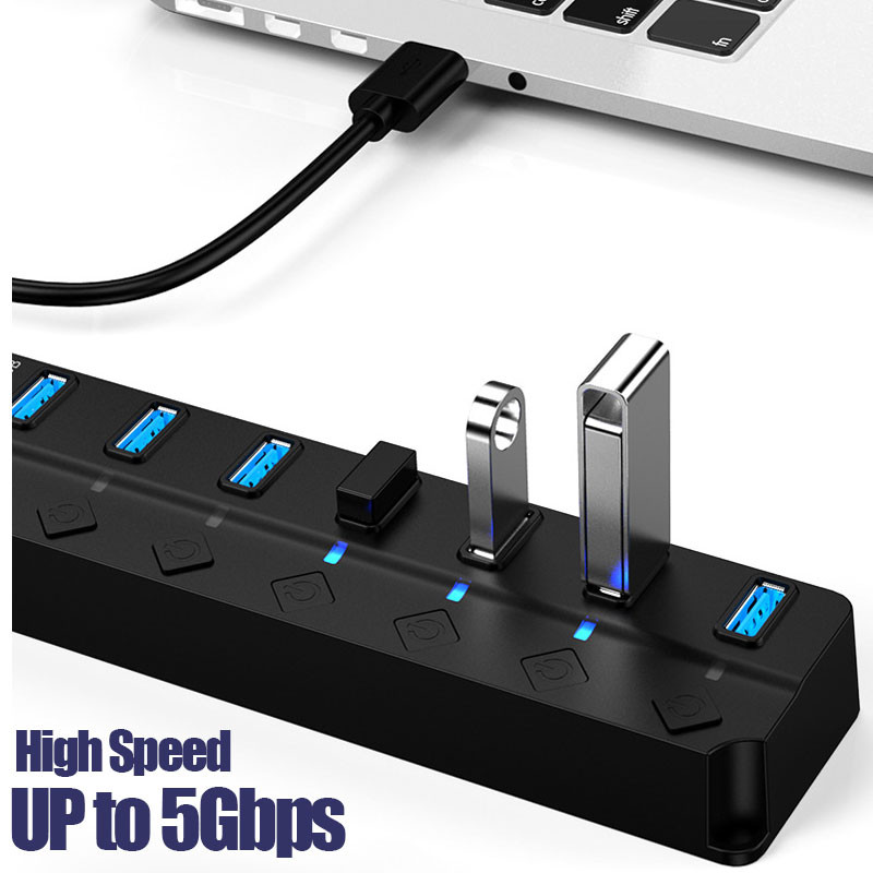 USB centrmezgls 3.0 USB 2.0 centrmezgls Vairāku USB sadalītāju centrmezgls Izmantojiet barošanas adapteri 4/7 portu vairāku paplašinātāju USB 3.0 centrmezgls ar slēdža 30 CM kabeli