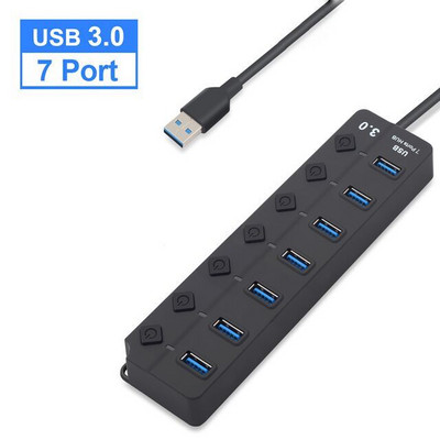 USB šakotuvas 3.0 didelės spartos kelių USB skirstytuvo adapteris, 4/7 prievadų kelių išplėtimo šakotuvas USB su jungikliu ilgu kabeliu kompiuterio priedams