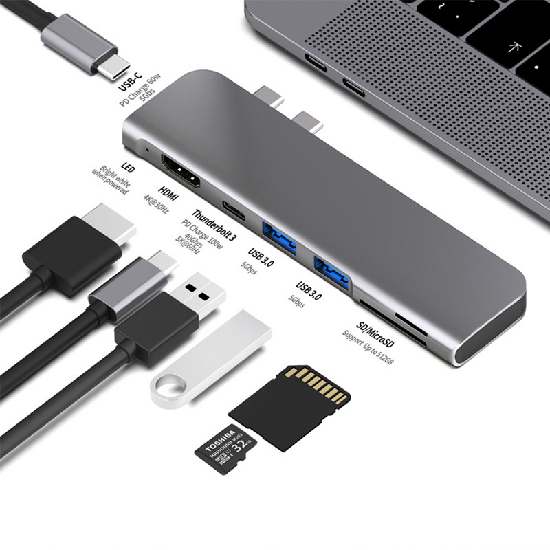 Adaptor Hub USB 3.1 Type-C la HDMI 4K Thunderbolt 3 Hub USB C cu Hub 3.0 TF Slot pentru cititor SD PD pentru MacBook Pro/Air 2018 - 2020